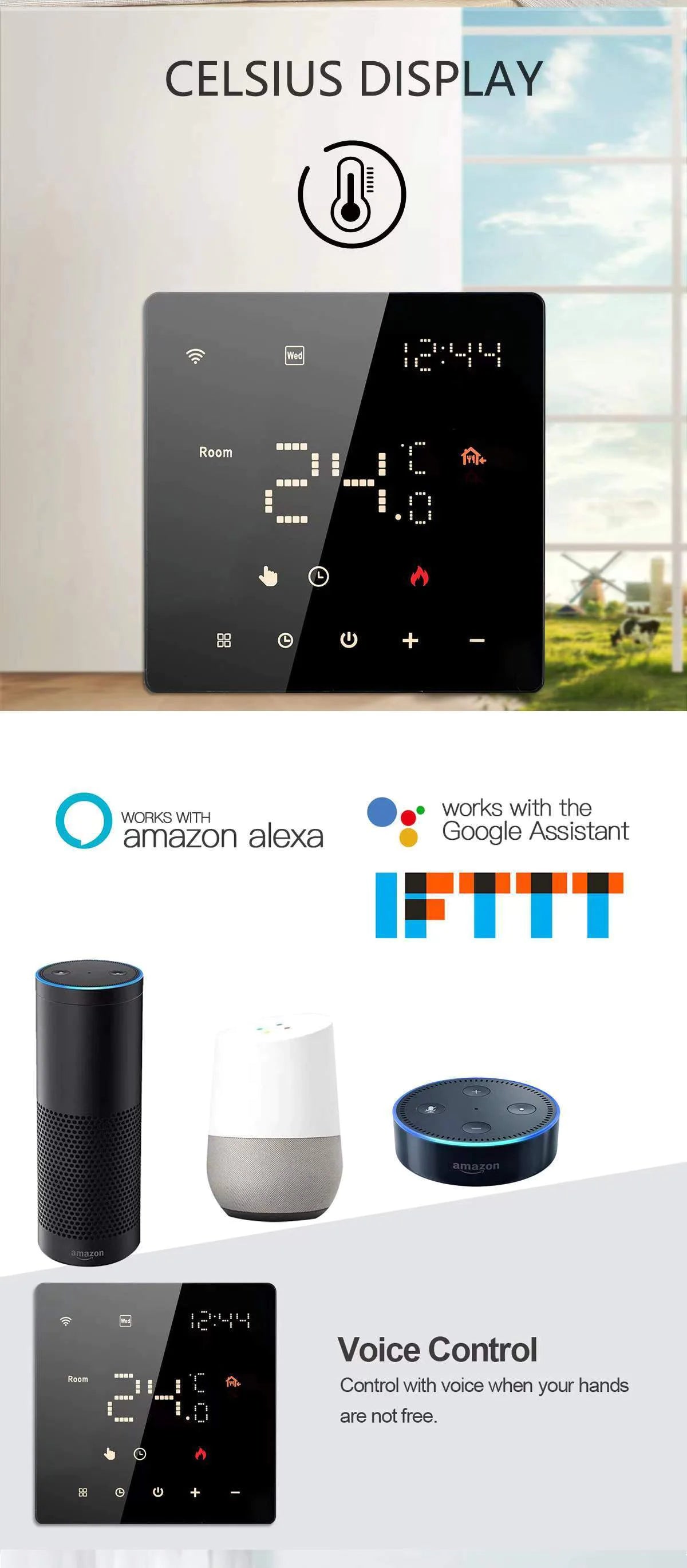 Smart Wi-Fi Thermostat  – Voice-Activated Heating for Water, Electric & Gas Systems Smart Wi-Fi Thermostat  – Voice-Activated Heating for Water, Electric & Gas Systems