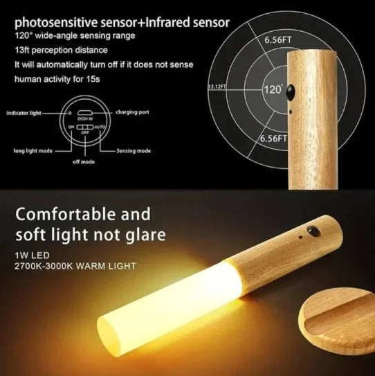 Magnetic Motion Sensor Night Light | USB Rechargeable LED with Wooden Base