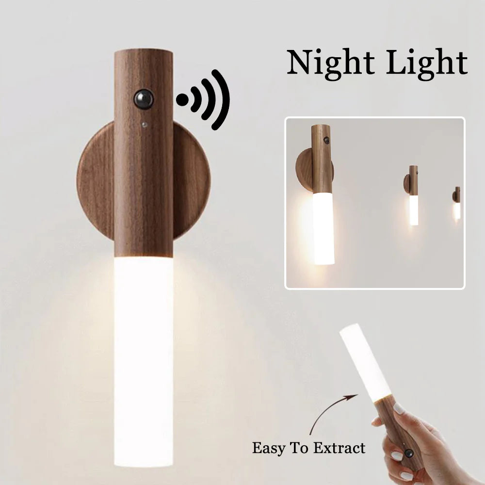 Magnetic Motion Sensor LED Night Light – USB Rechargeable Wooden Base Light for Hallways, Cabinets & Bedrooms