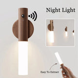 Magnetic Motion Sensor LED Night Light – USB Rechargeable Wooden Base Light for Hallways, Cabinets & Bedrooms
