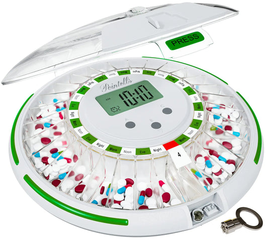 Pointells Automatic Pill Dispenser – 28-Day Timed Medication Organizer with Lock, Alarm & LED Light for Seniors