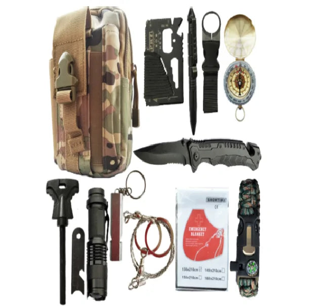 Travel Outdoor Survival Kit – 18-in-1 Multifunctional Emergency Gear with First Aid Tools for Camping, Hiking & Car Safety